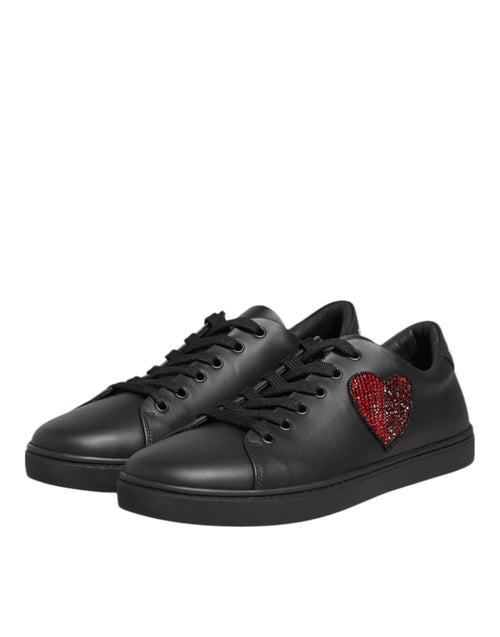 Dolce & Gabbana Black Leather Crystal Heart Sneakers  Shoes - ClickThatClicks 