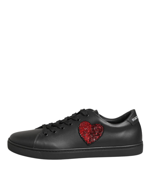 Dolce & Gabbana Black Leather Crystal Heart Sneakers  Shoes - ClickThatClicks 