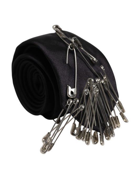 Dolce & Gabbana Black Safety Pins Silk Adjustable Necktie Accessory Tie - ClickThatClicks 