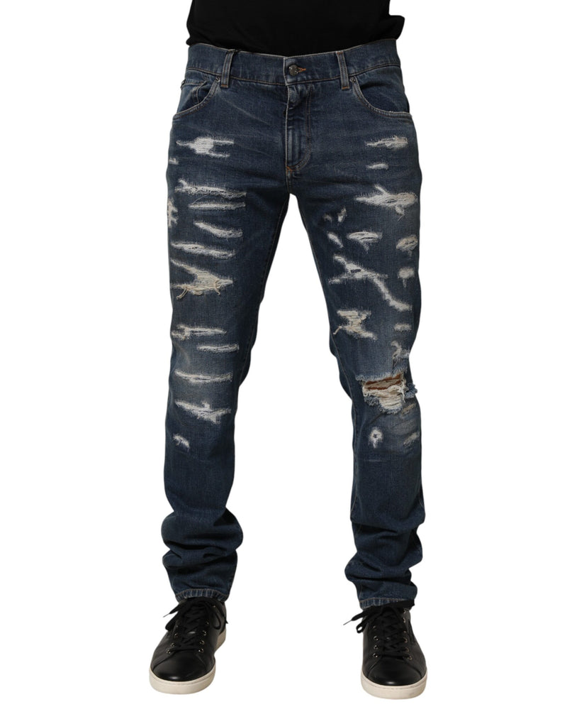 Dolce & Gabbana Blue Tattered Cotton Skinny Men Denim Jeans