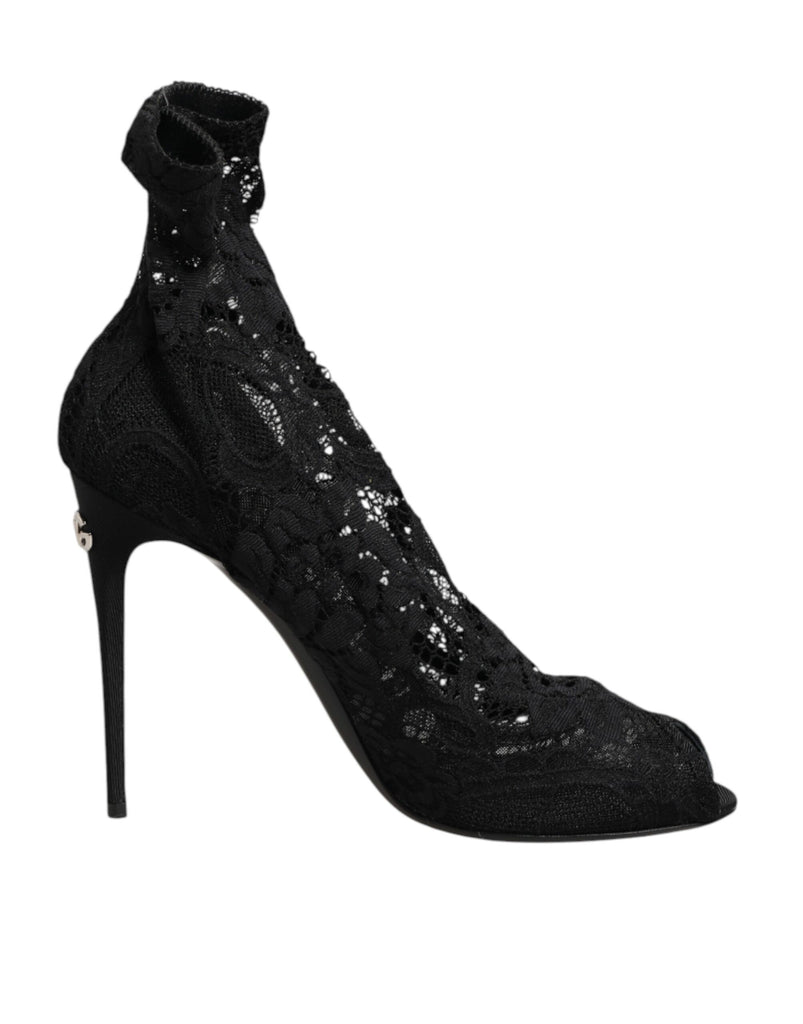 Dolce & Gabbana Black Stretch Taormina Lace Boots Shoes