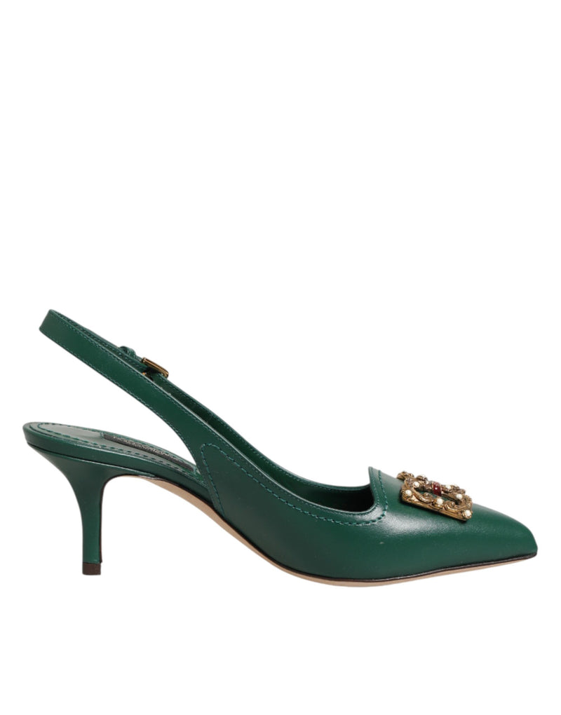 Dolce & Gabbana Green Leather AMORE Heels Slingbacks Shoes