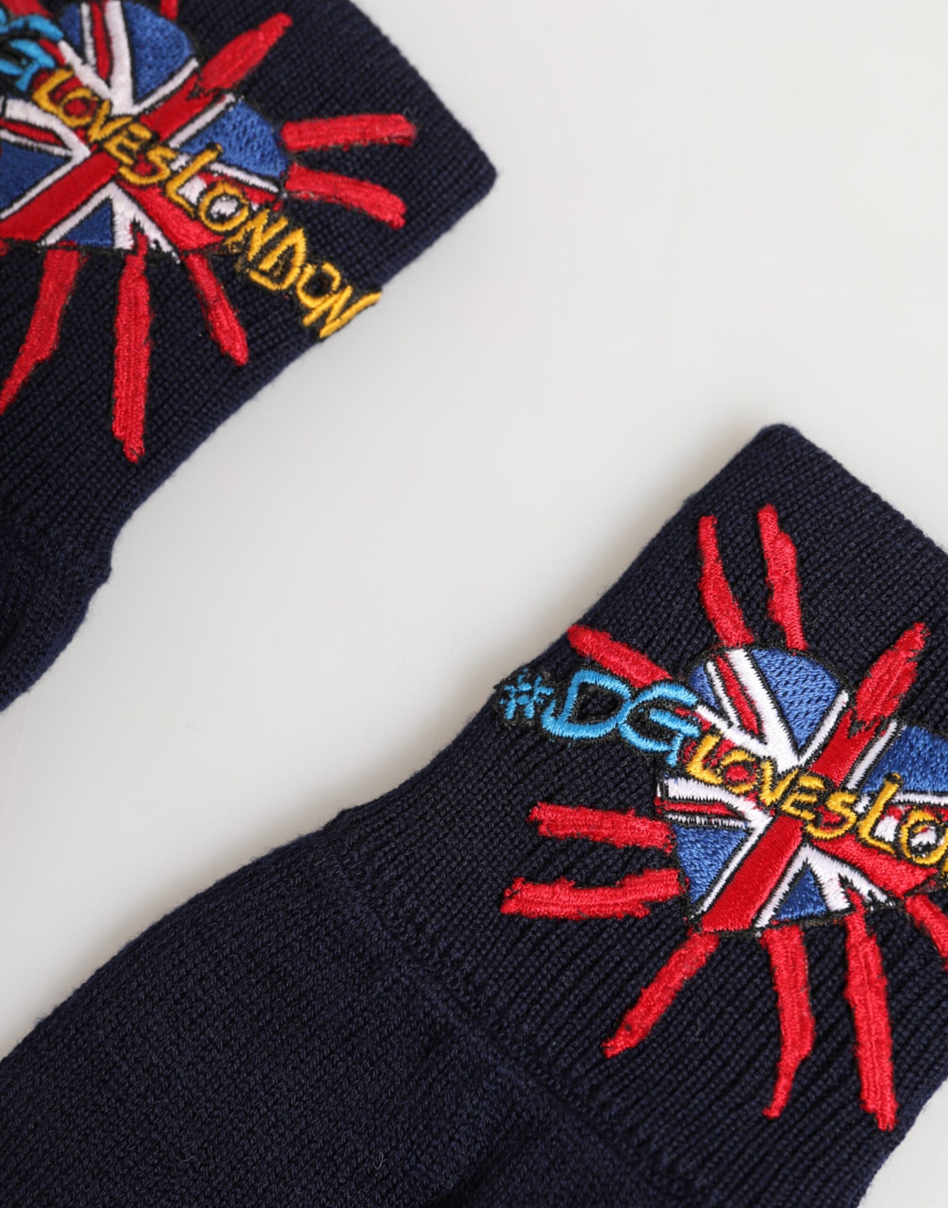 Dolce & Gabbana Blue Wool Knit #DGLovesLondon Embroidered Mitten Gloves - ClickThatClicks 