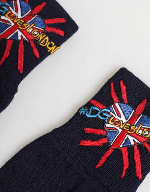Dolce & Gabbana Blue Wool Knit #DGLovesLondon Embroidered Mitten Gloves - ClickThatClicks 