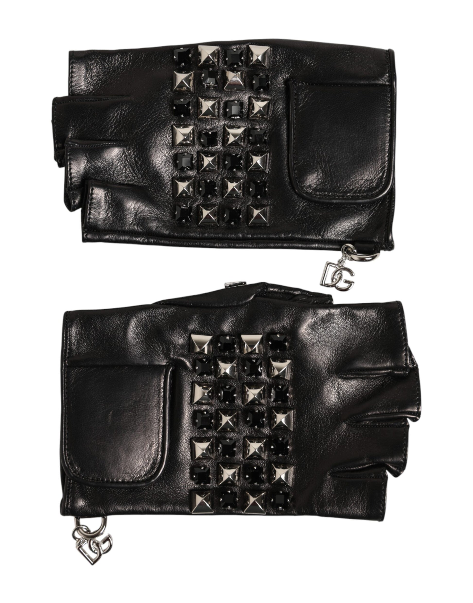 Dolce & Gabbana Black Leather Studded Fingerless Hand Mitten Men Gloves - ClickThatClicks 