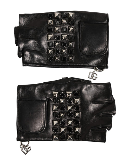 Dolce & Gabbana Black Leather Studded Fingerless Hand Mitten Men Gloves - ClickThatClicks 