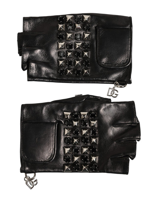 Dolce & Gabbana Black Leather Studded Fingerless Hand Mitten Men Gloves - ClickThatClicks 