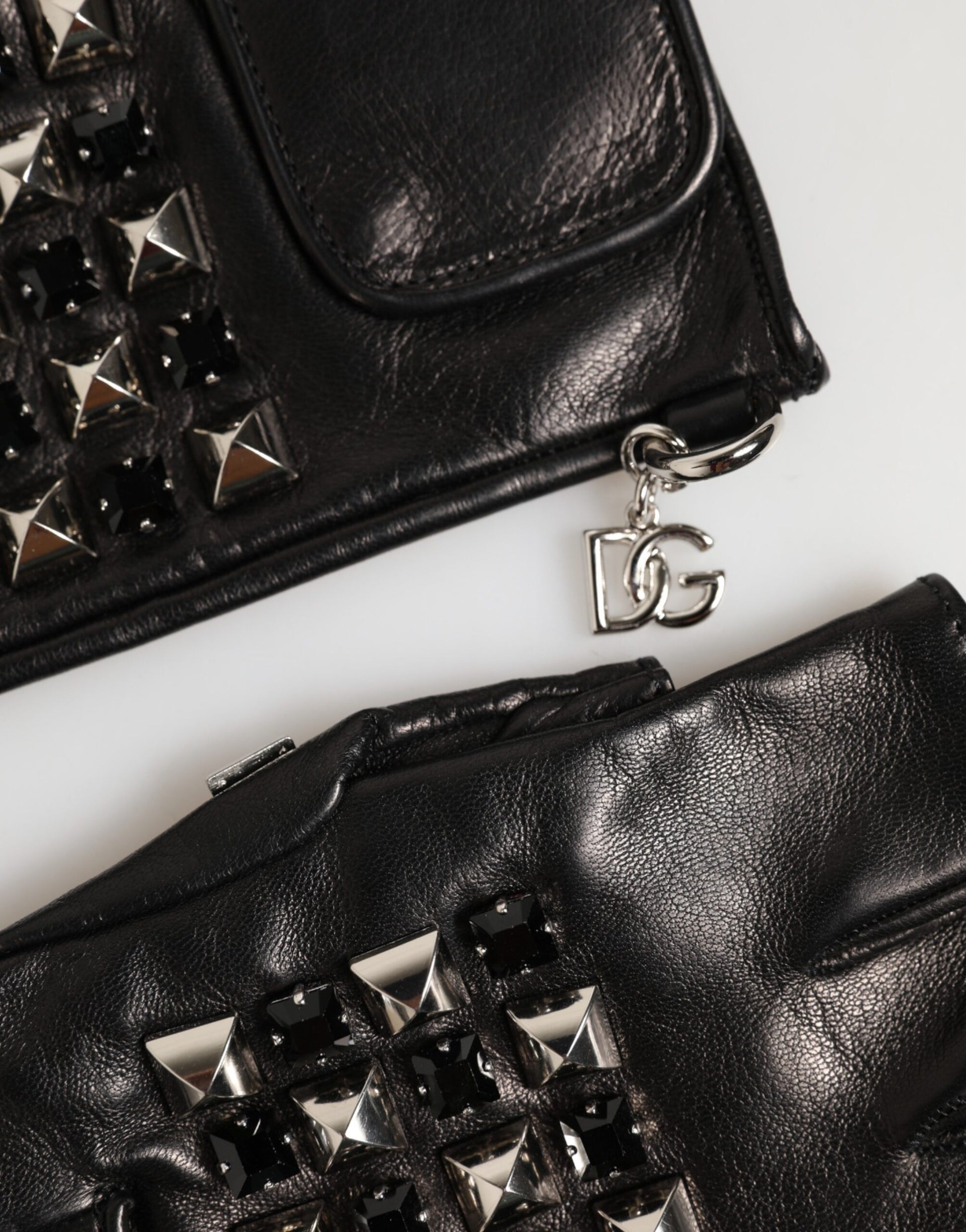 Dolce & Gabbana Black Leather Studded Fingerless Hand Mitten Men Gloves - ClickThatClicks 