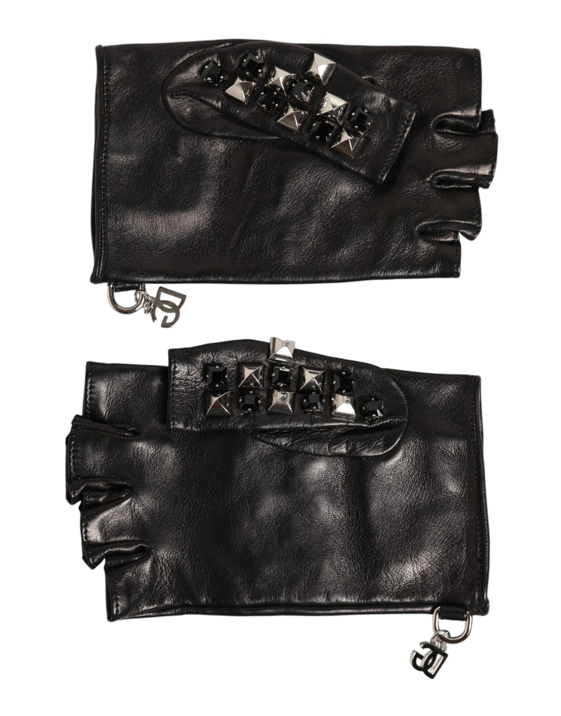 Dolce & Gabbana Black Leather Studded Fingerless Hand Mitten Men Gloves - ClickThatClicks 