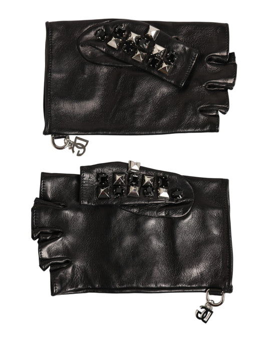 Dolce & Gabbana Black Leather Studded Fingerless Hand Mitten Men Gloves - ClickThatClicks 