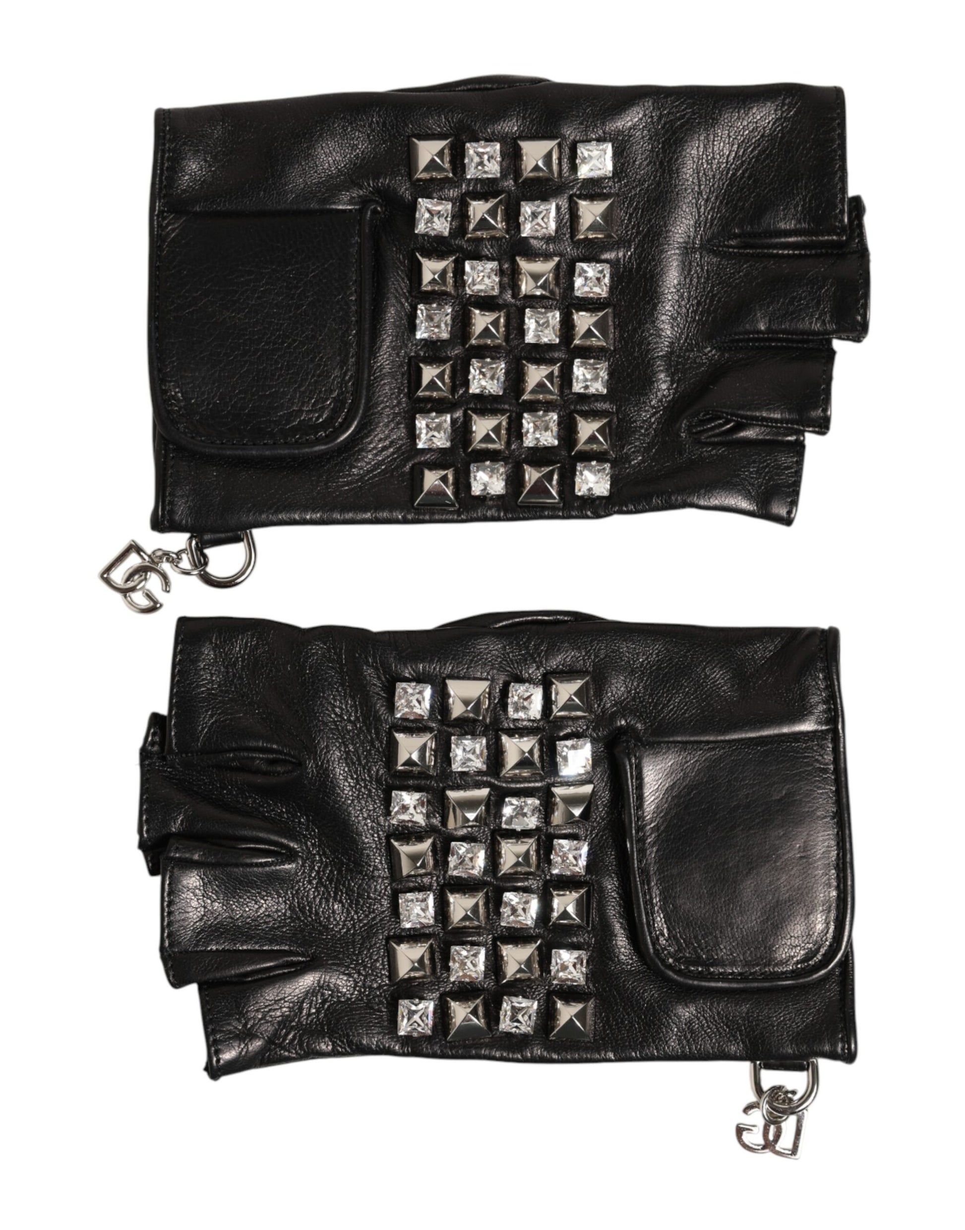 Dolce & Gabbana Black Leather Studded Fingerless Hand Mitten Men Gloves - ClickThatClicks 