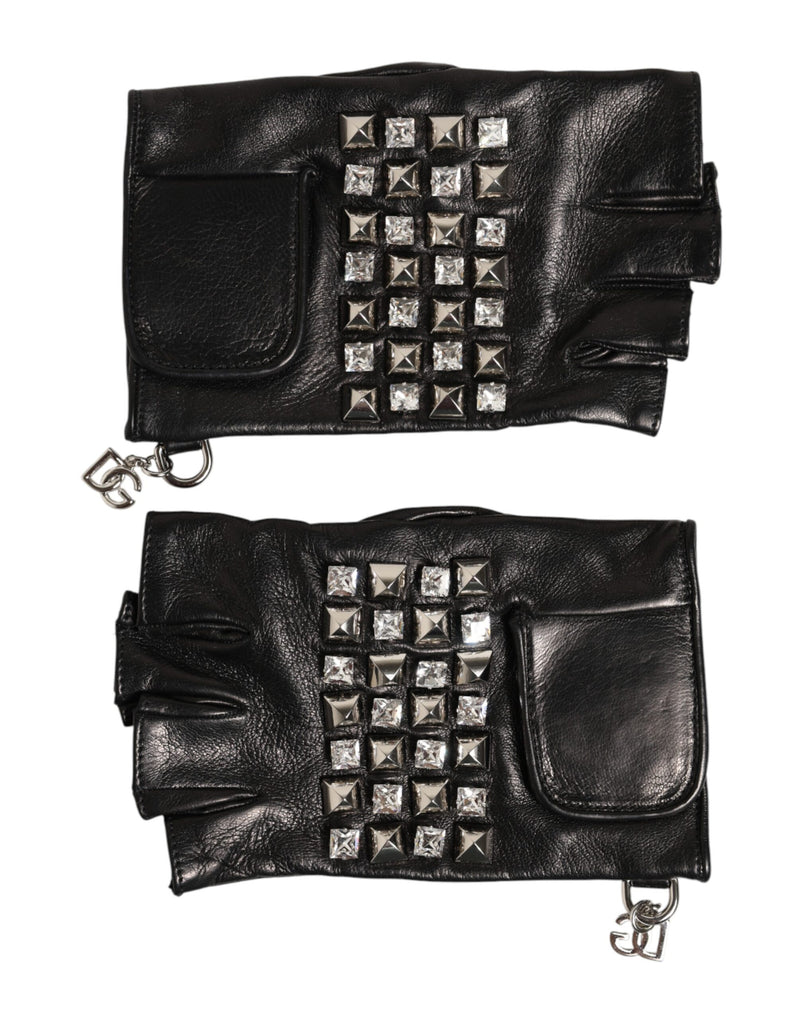 Dolce & Gabbana Black Leather Studded Fingerless Hand Mitten Men Gloves