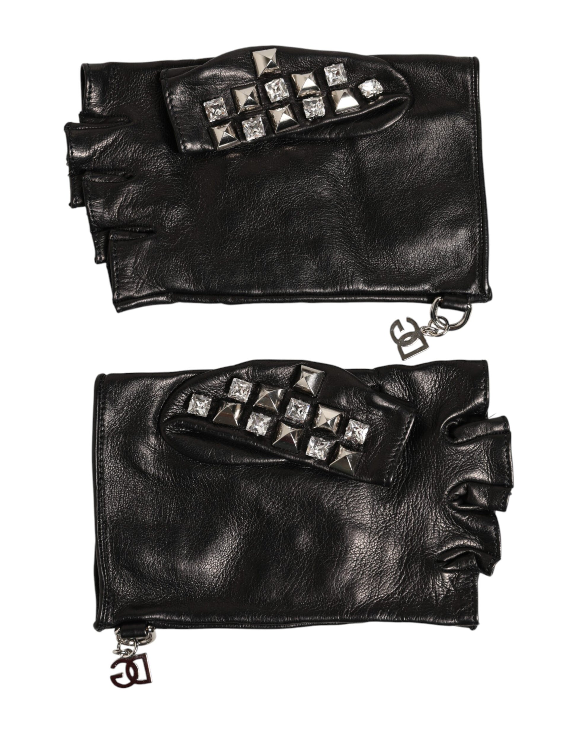 Dolce & Gabbana Black Leather Studded Fingerless Hand Mitten Men Gloves - ClickThatClicks 