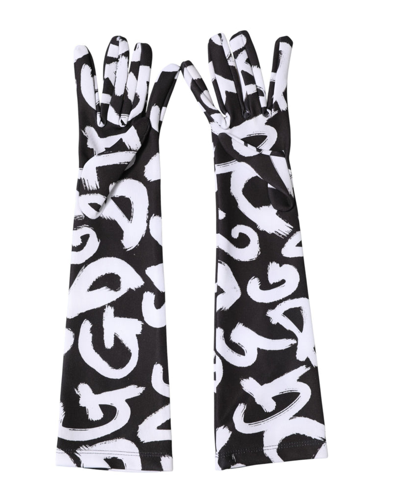 Dolce & Gabbana Black White DG Logo Elbow Length Mitten Gloves