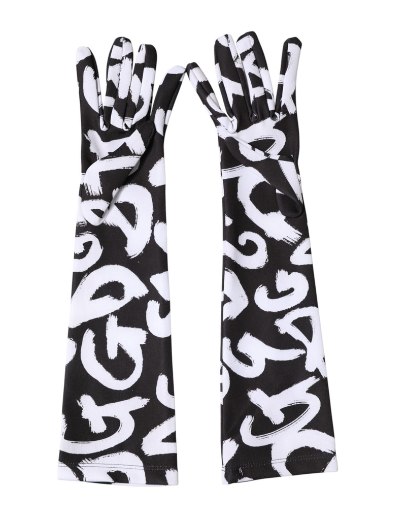 Dolce & Gabbana Black White DG Logo Elbow Length Mitten Gloves