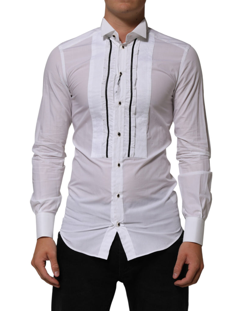 Dolce & Gabbana White Cotton Collared Long Sleeve GOLD Dress  Shirt
