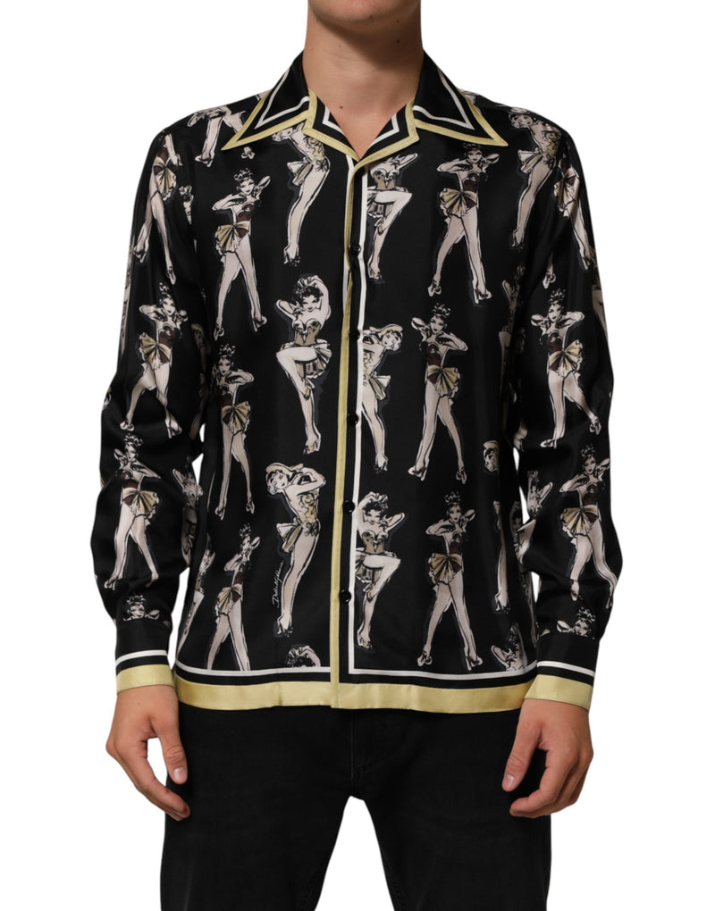 Dolce & Gabbana Black Silk Pin Up Printed Button Down Shirt