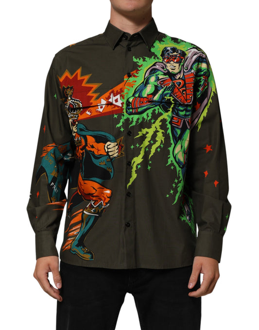 Dolce & Gabbana Brown Superhero Print Button Down Shirt - ClickThatClicks 