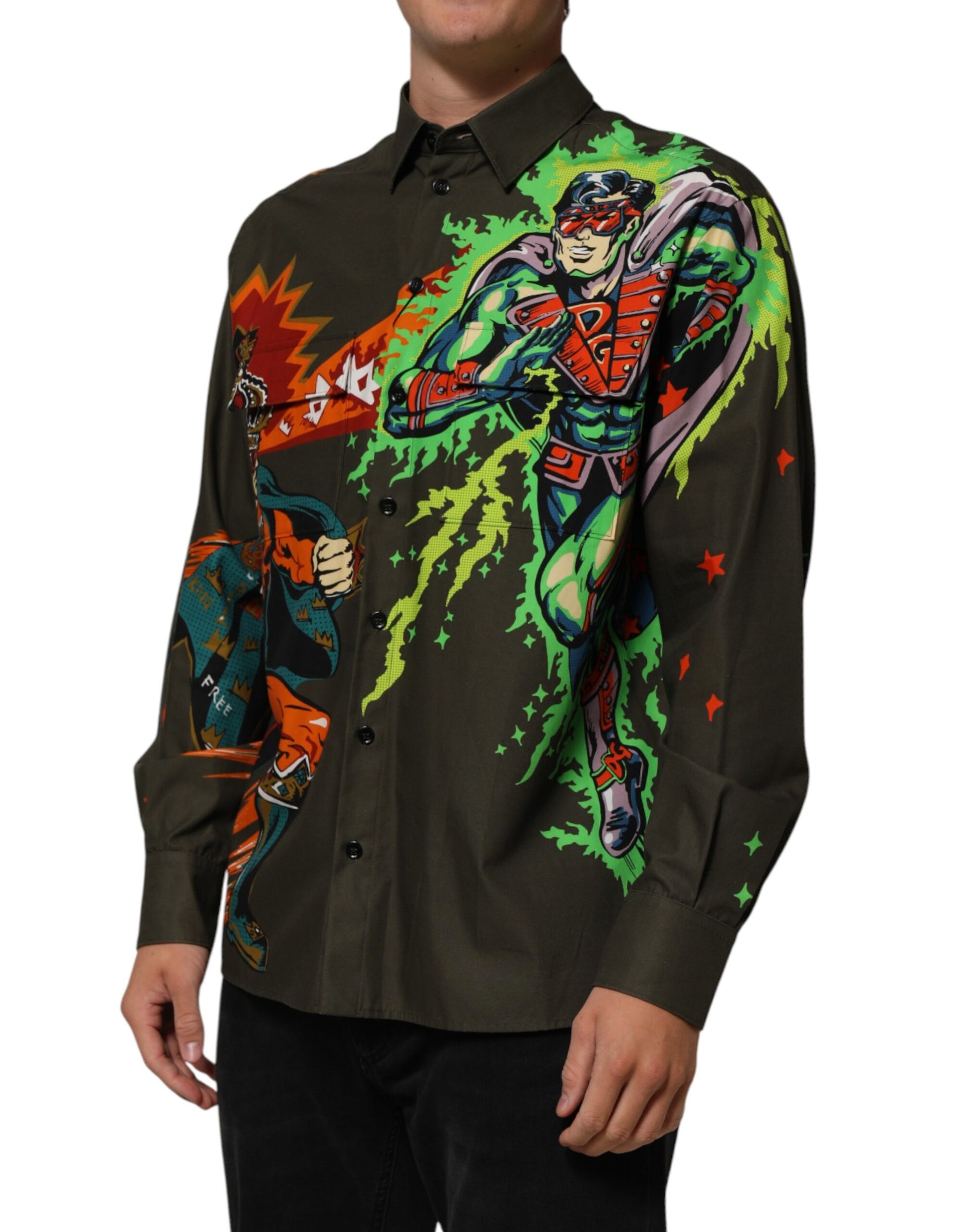 Dolce & Gabbana Brown Superhero Print Button Down Shirt - ClickThatClicks 