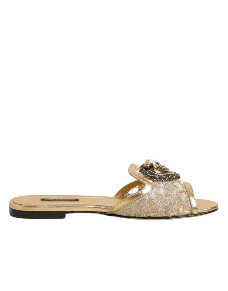 Dolce & Gabbana Gold Devotion Lace Flats Slip On Sandals Shoes