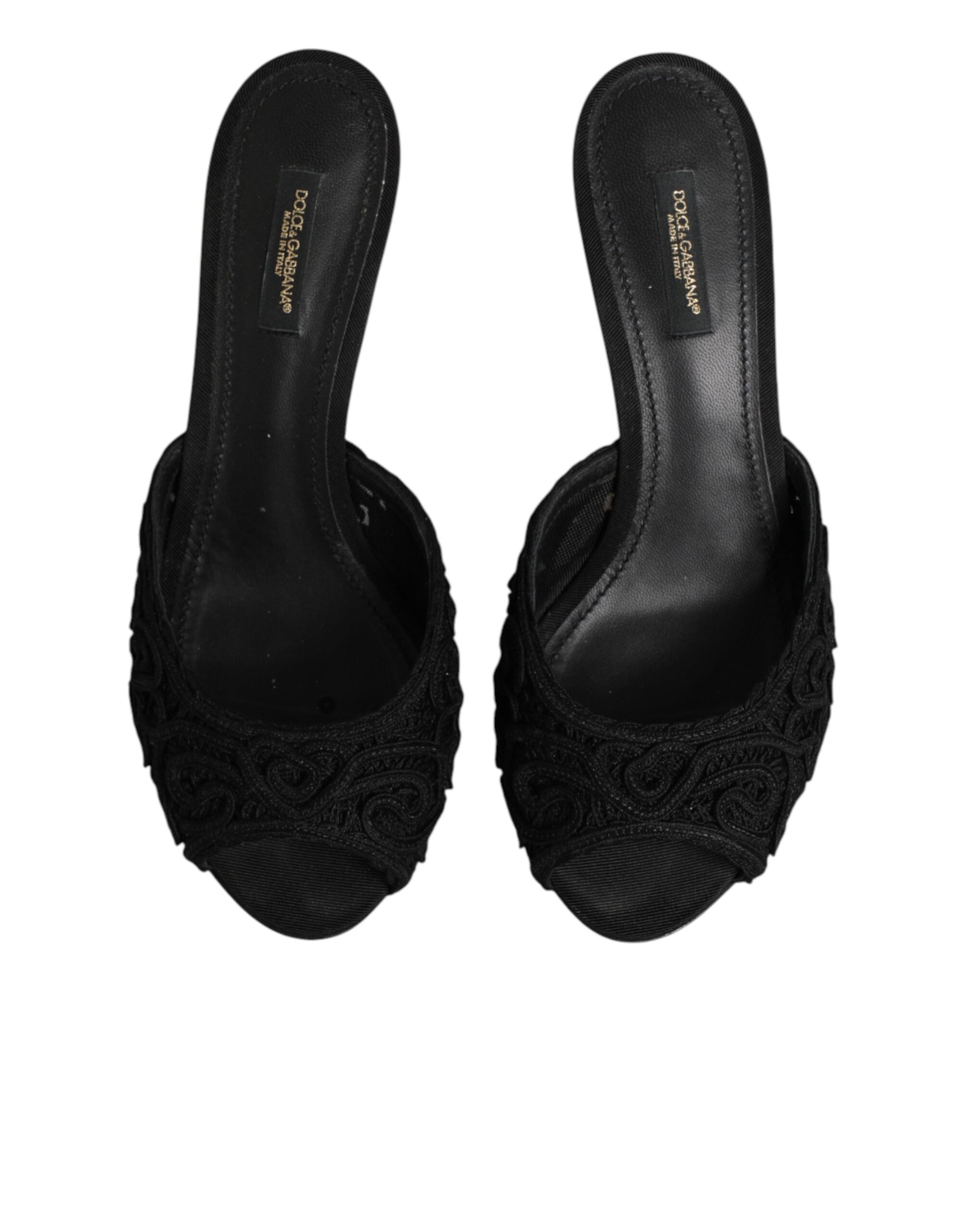 Dolce & Gabbana Black Embroidered Slip On Heels Slides Shoes - ClickThatClicks 