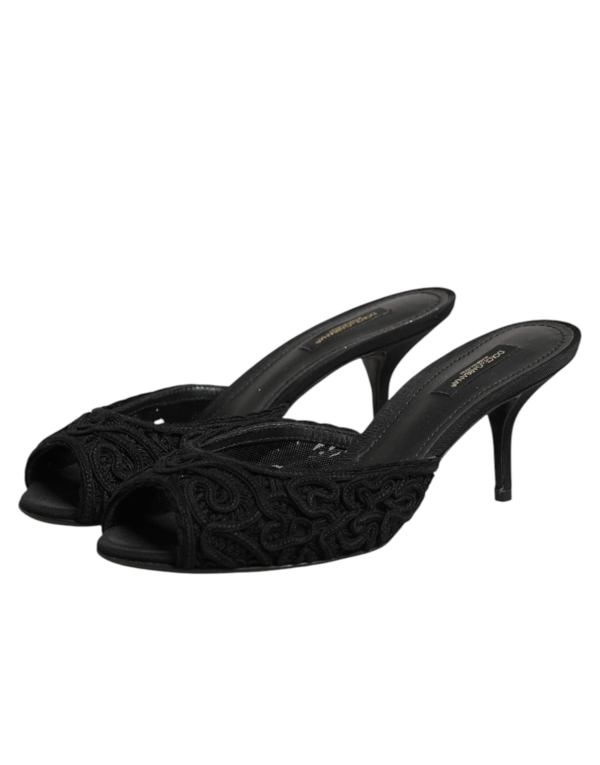 Dolce & Gabbana Black Embroidered Slip On Heels Slides Shoes - ClickThatClicks 
