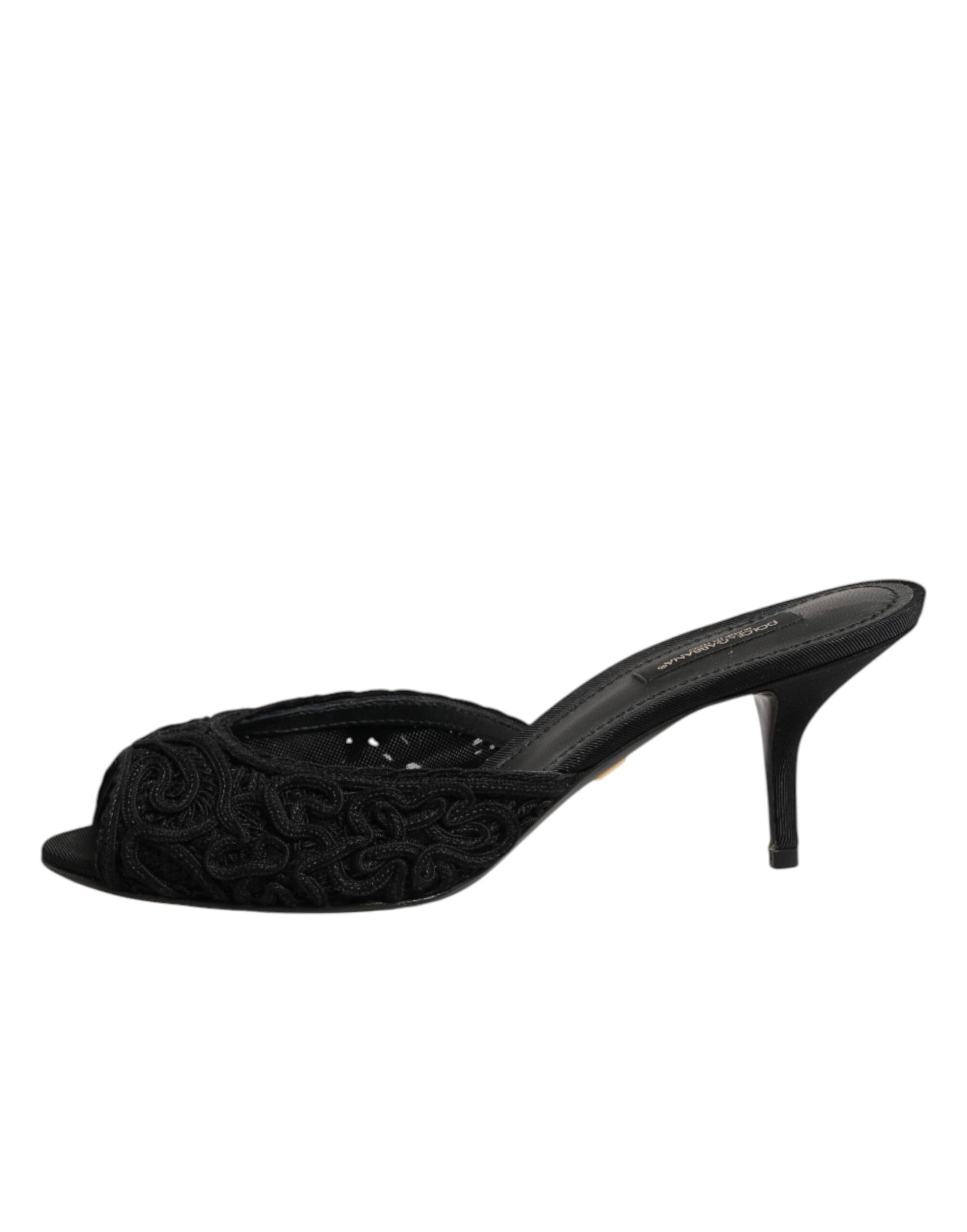 Dolce & Gabbana Black Embroidered Slip On Heels Slides Shoes - ClickThatClicks 