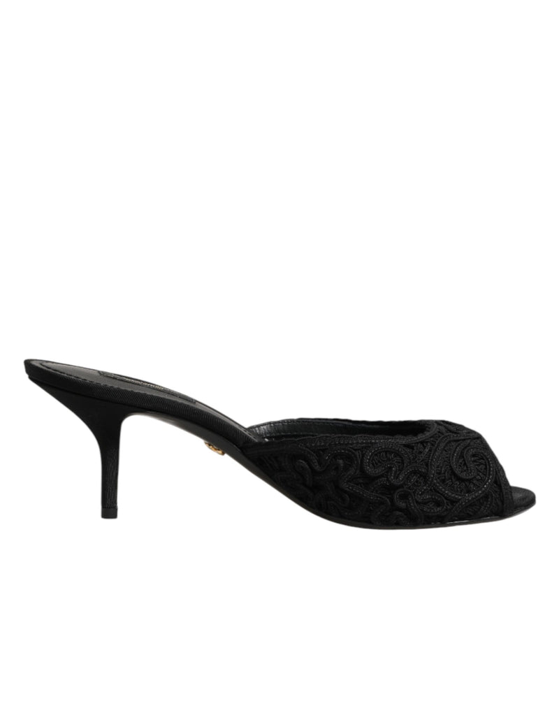Dolce & Gabbana Black Embroidered Slip On Heels Slides Shoes