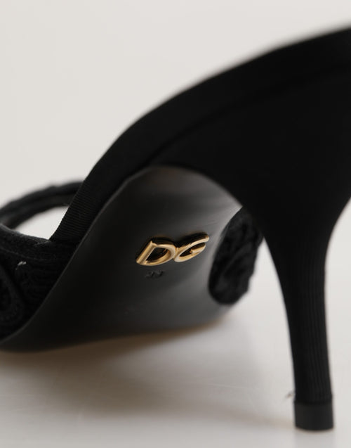 Dolce & Gabbana Black Embroidered Slip On Heels Slides Shoes - ClickThatClicks 