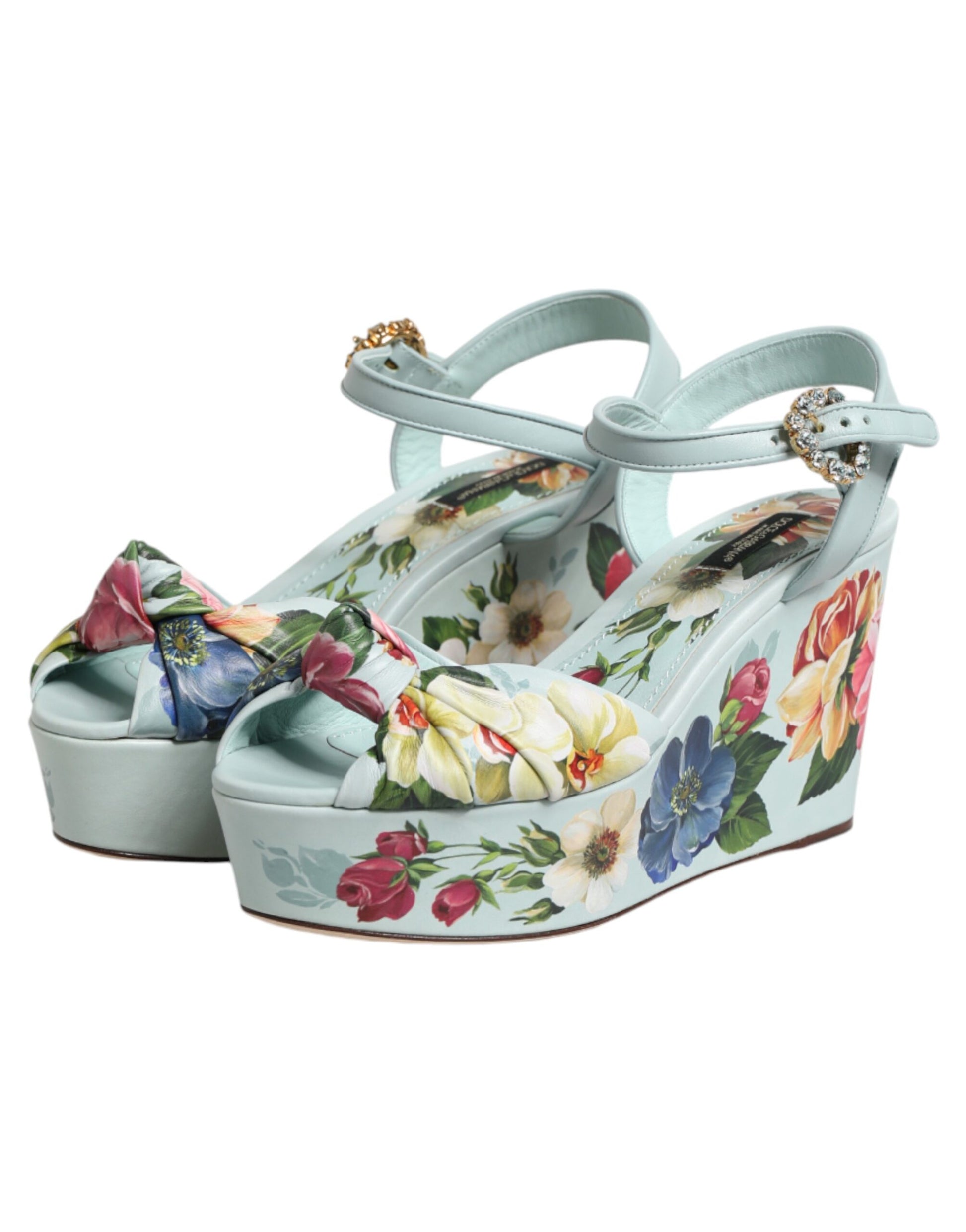 Dolce & Gabbana Green Floral Ankle Strap Wedge Sandals Shoes - ClickThatClicks 