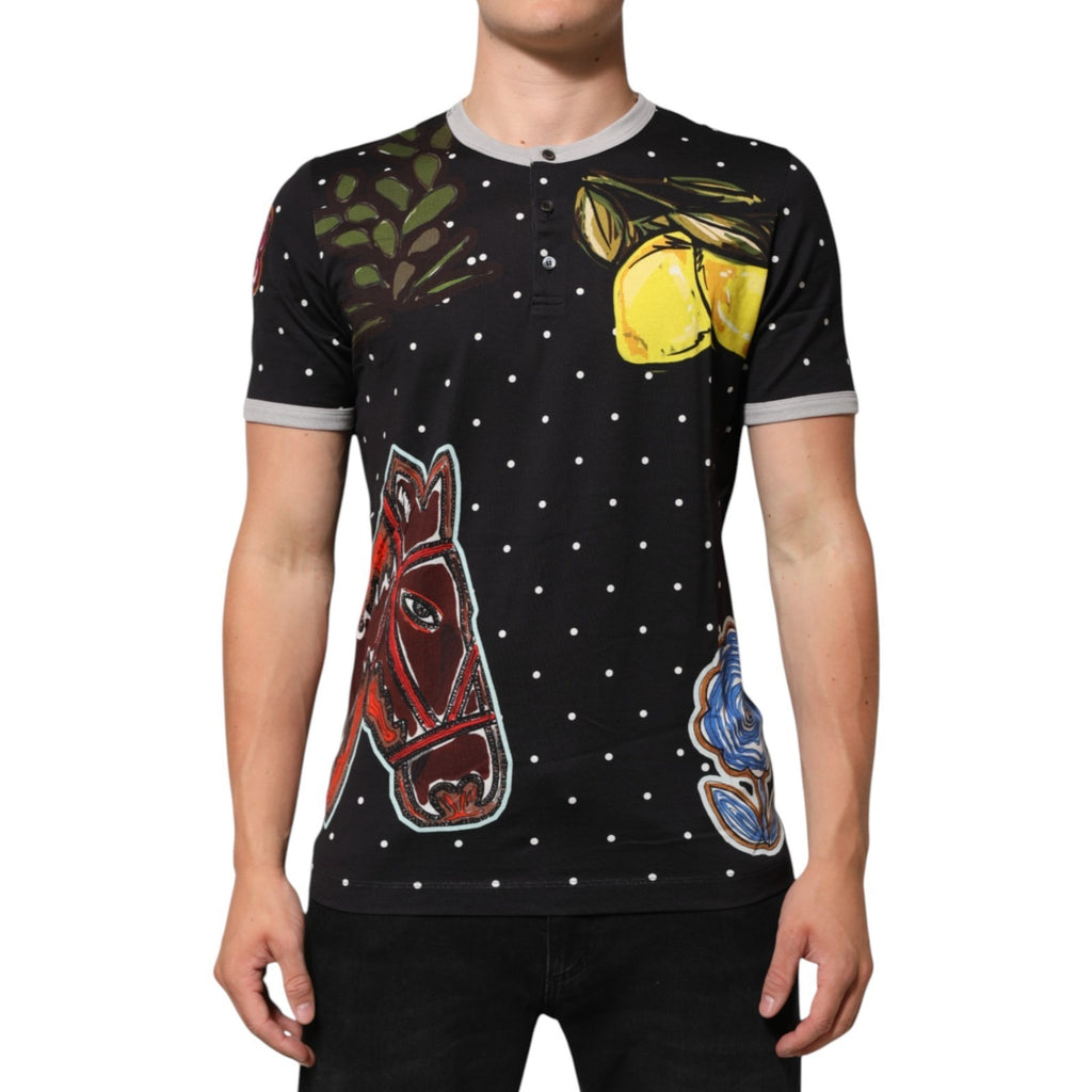 Dolce & Gabbana Black Polka Dot Lemons Horse Henley T-Shirt