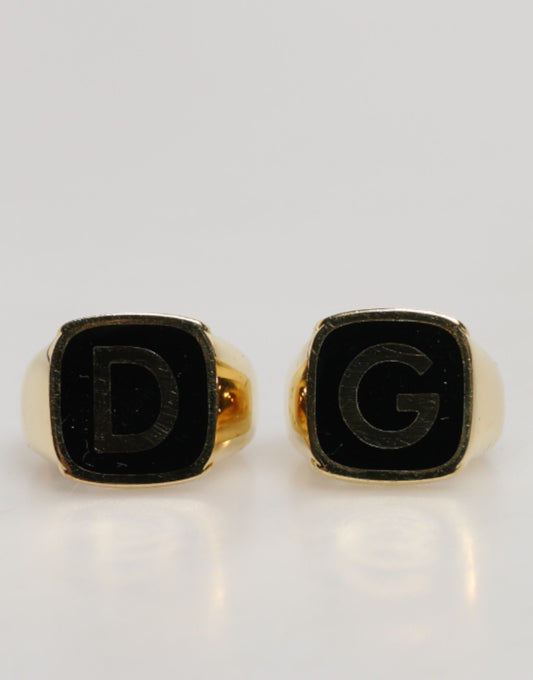Dolce & Gabbana Gold-Tone Real Brass Black Enamel "DG" Adjustable Rings - ClickThatClicks 