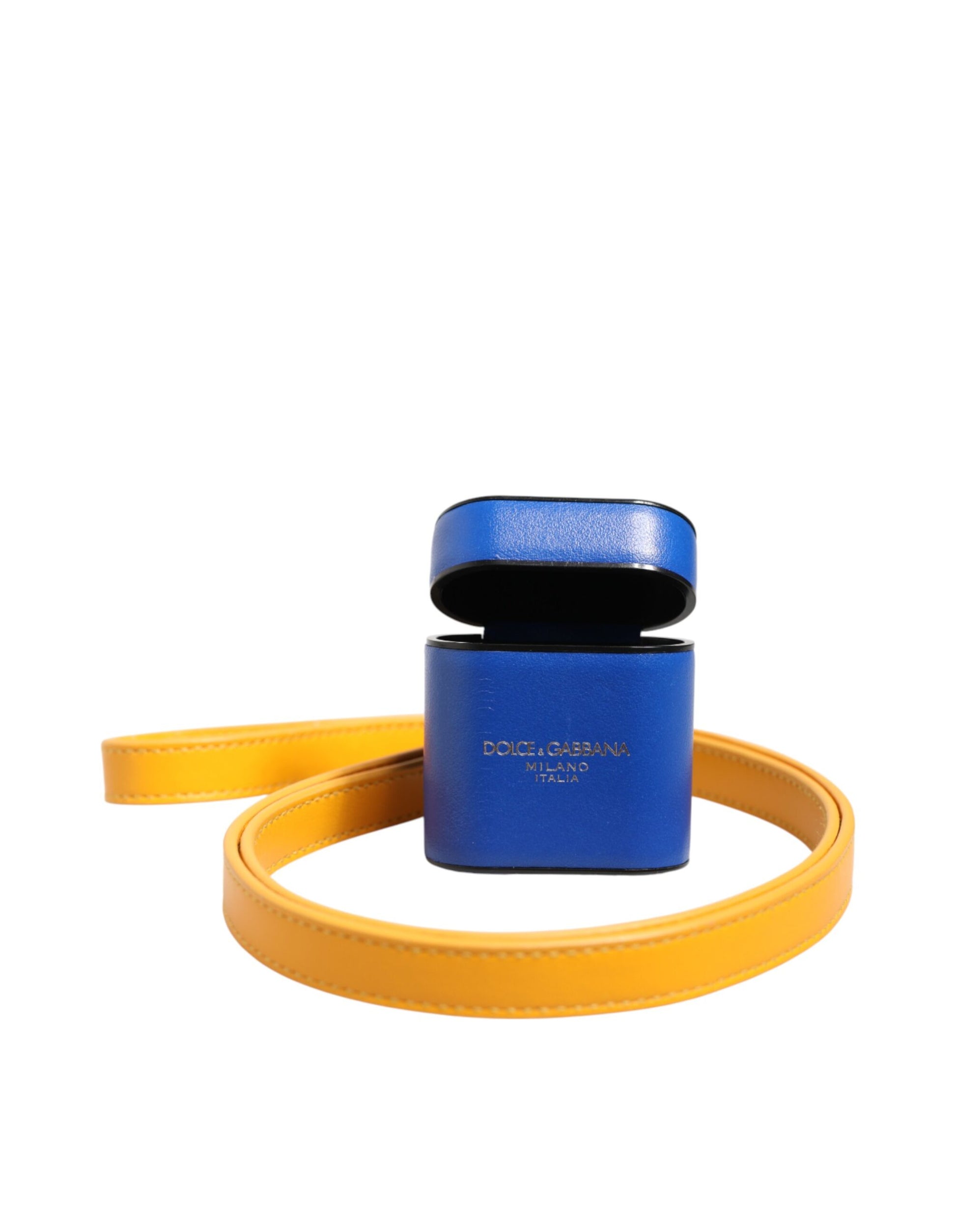 Dolce & Gabbana Blue Yellow Calfskin Leather Logo Strap Men Airpods Case - ClickThatClicks 