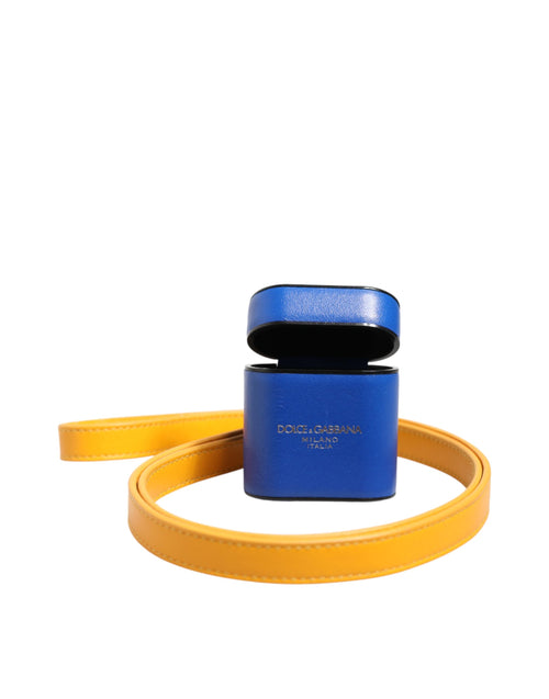 Dolce & Gabbana Blue Yellow Calfskin Leather Logo Strap Men Airpods Case - ClickThatClicks 
