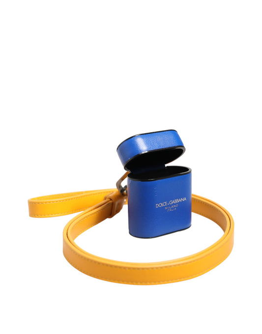 Dolce & Gabbana Blue Yellow Calfskin Leather Logo Strap Men Airpods Case - ClickThatClicks 