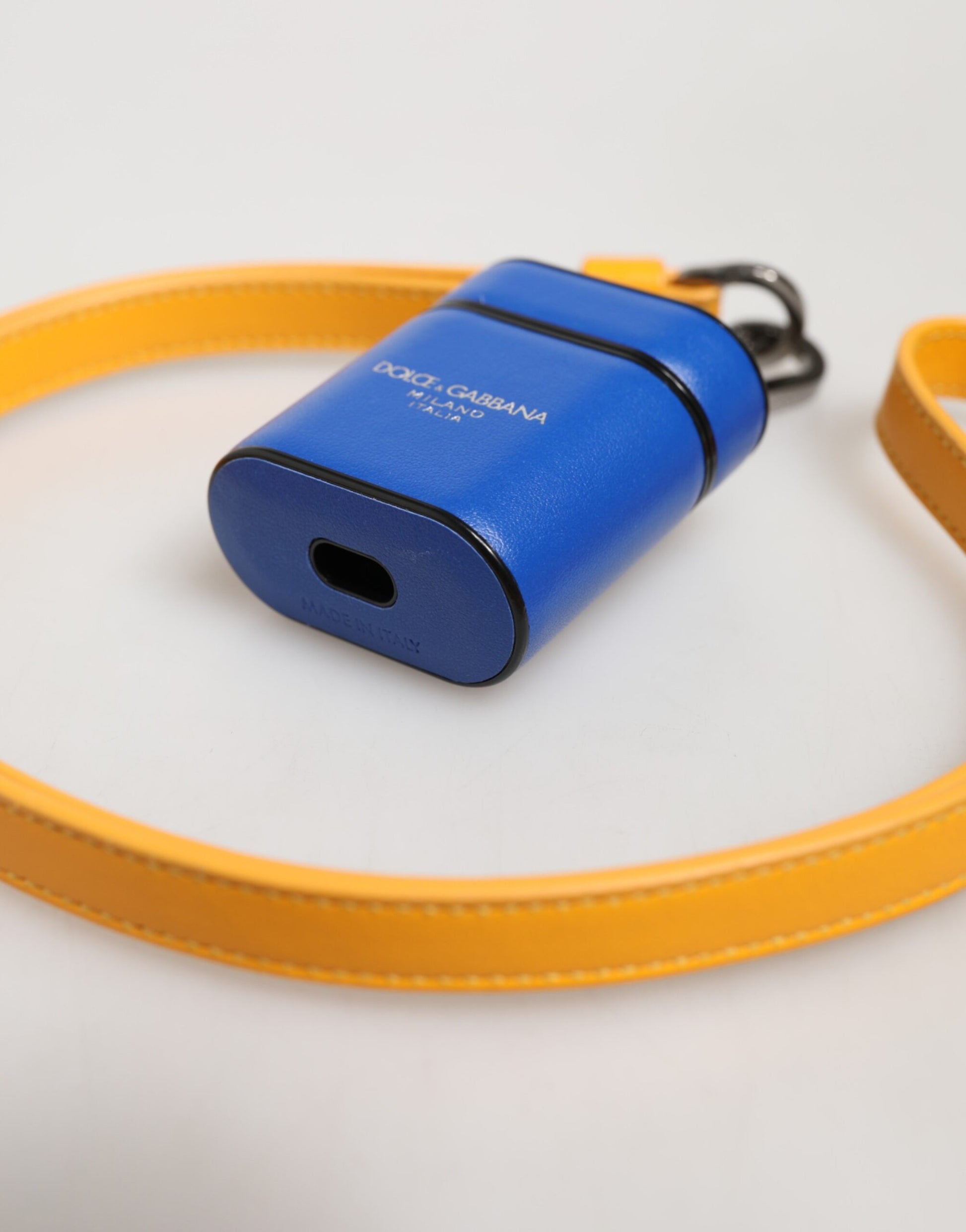 Dolce & Gabbana Blue Yellow Calfskin Leather Logo Strap Men Airpods Case - ClickThatClicks 