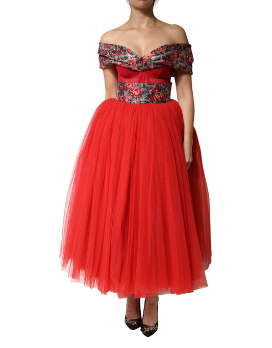 Dolce & Gabbana Red Floral Off Shoulder A-line Gown Dress - ClickThatClicks 