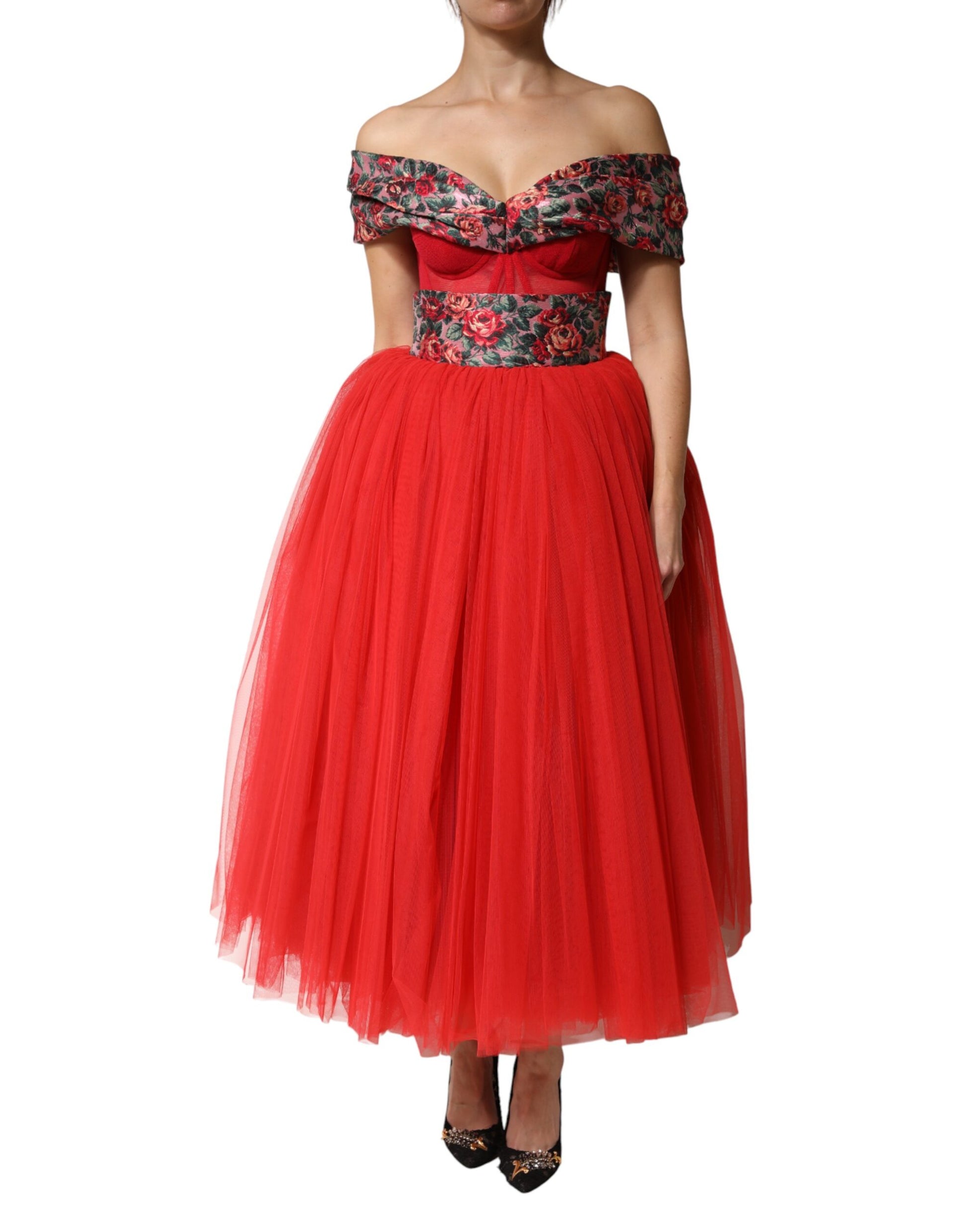 Dolce & Gabbana Red Floral Off Shoulder A-line Gown Dress - ClickThatClicks 