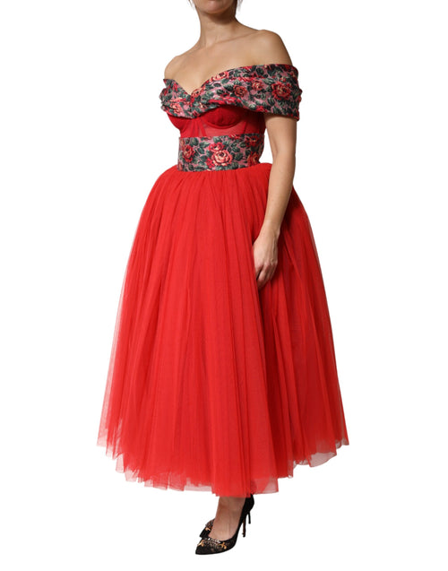 Dolce & Gabbana Red Floral Off Shoulder A-line Gown Dress - ClickThatClicks 