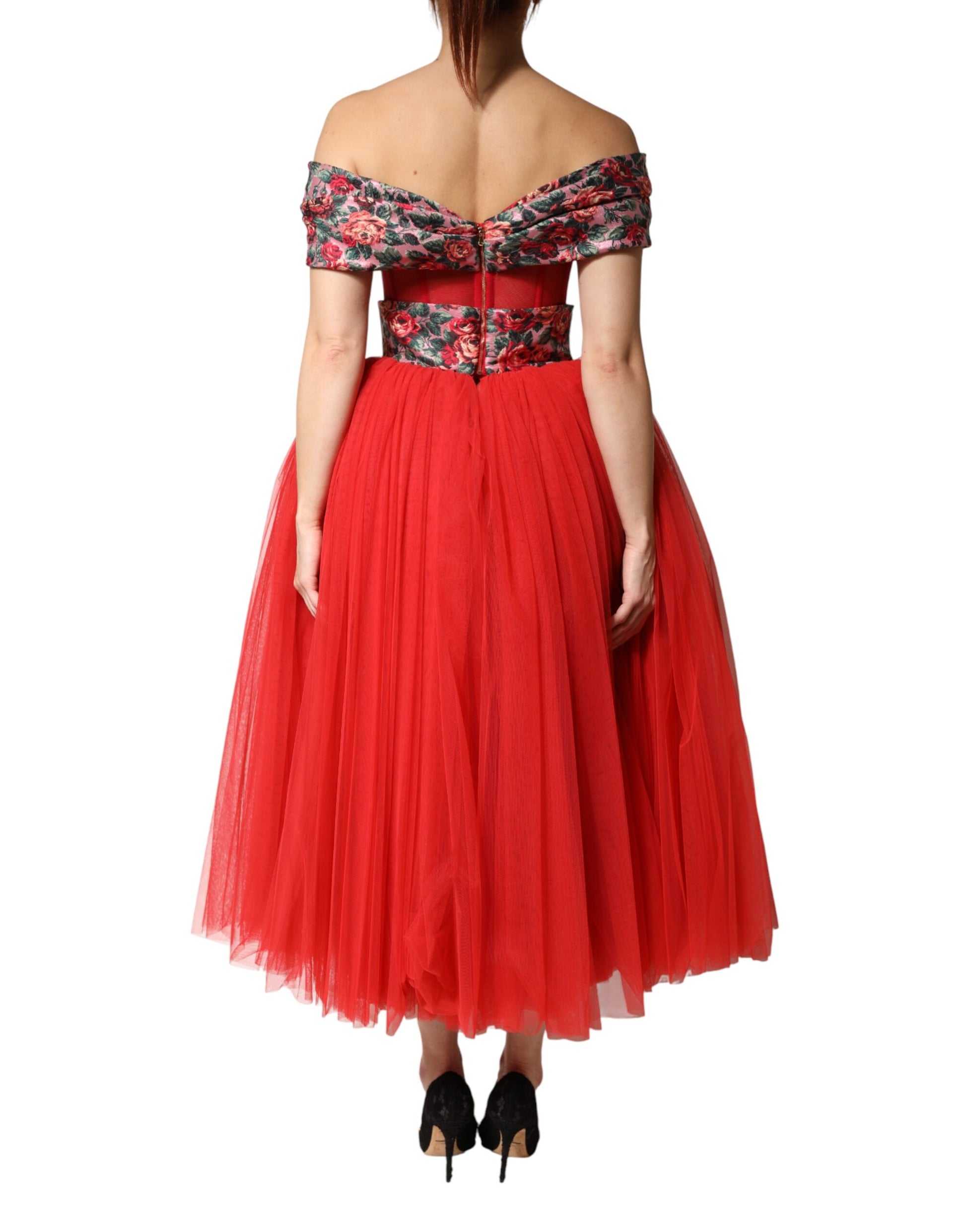 Dolce & Gabbana Red Floral Off Shoulder A-line Gown Dress - ClickThatClicks 