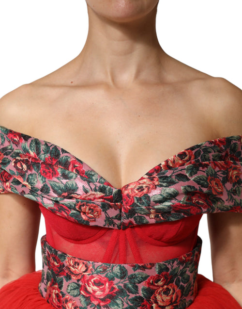 Dolce & Gabbana Red Floral Off Shoulder A-line Gown Dress - ClickThatClicks 