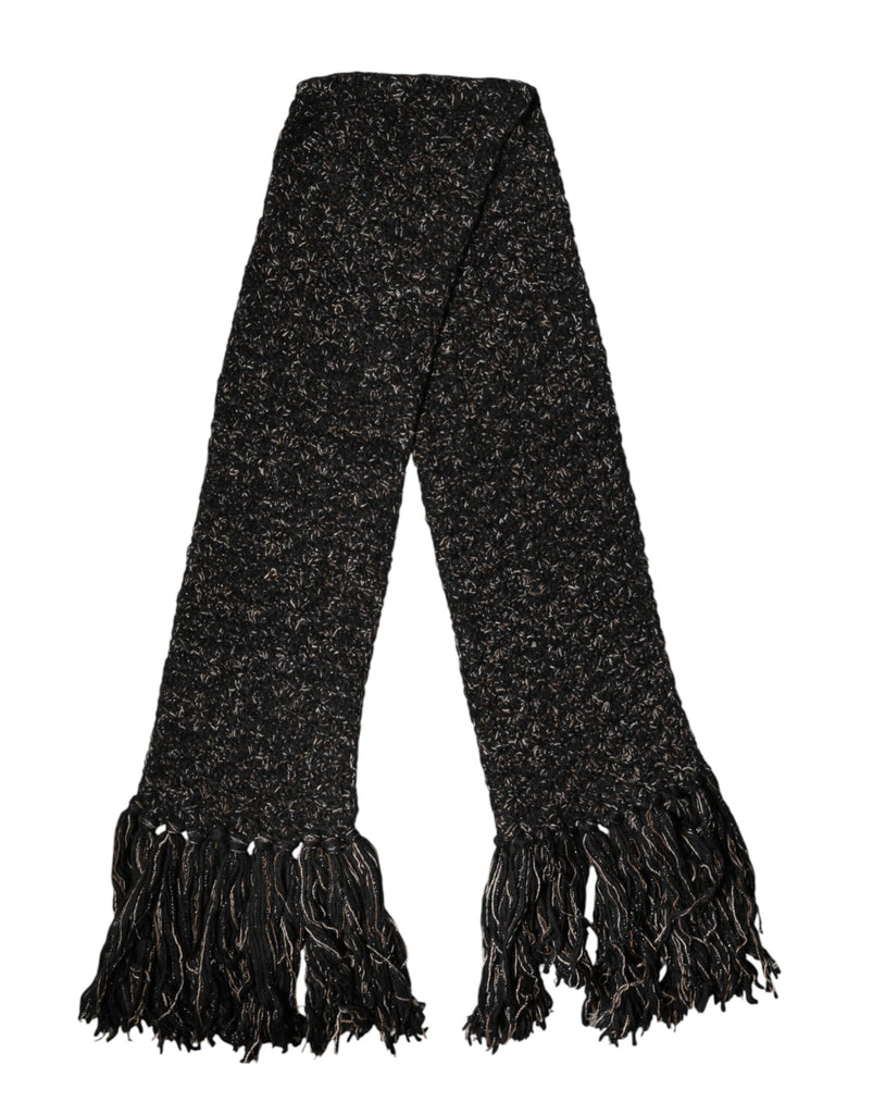 Dolce & Gabbana Black Wool Fringes Neck Wrap Foulard Scarf