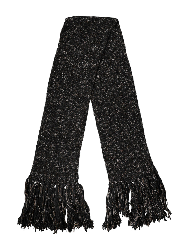 Dolce & Gabbana Black Wool Fringes Neck Wrap Foulard Scarf