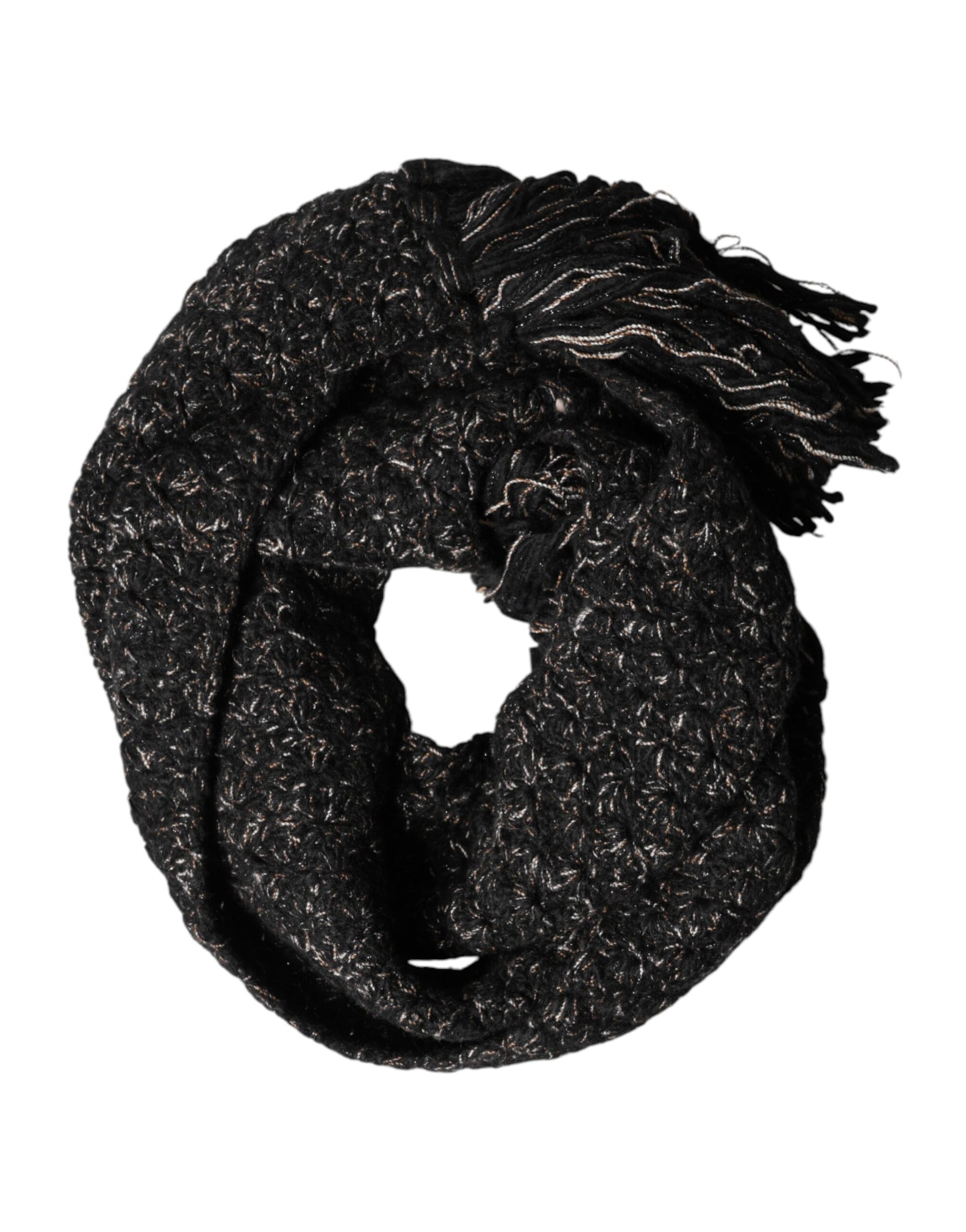 Dolce & Gabbana Black Wool Fringes Neck Wrap Foulard Scarf - ClickThatClicks 