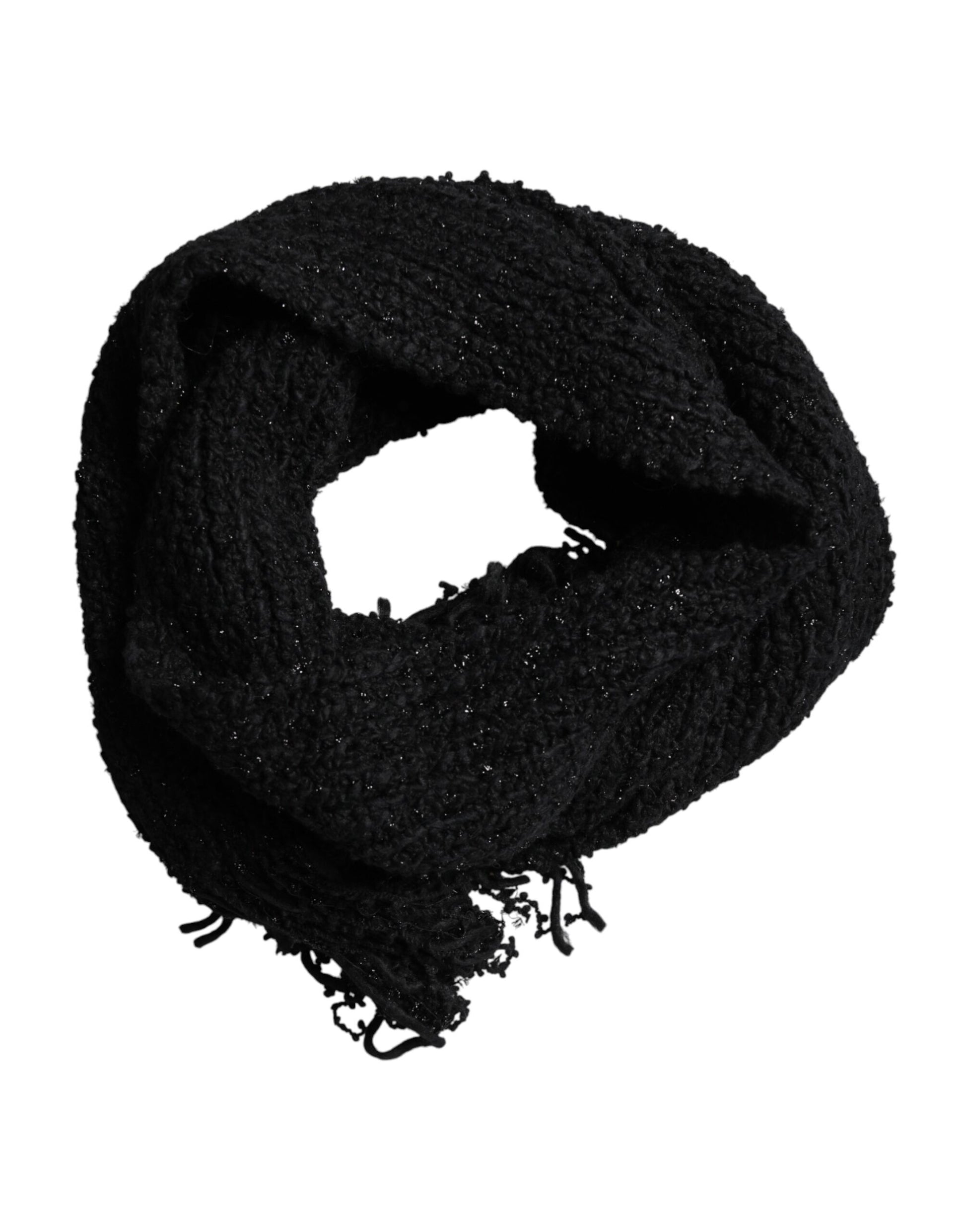 Dolce & Gabbana Black Wool Fringes Neck Wrap Foulard Scarf - ClickThatClicks 