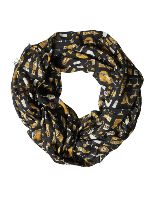 Dolce & Gabbana Black Jazz Club Print Neck Wrap Shawl Scarf - ClickThatClicks 