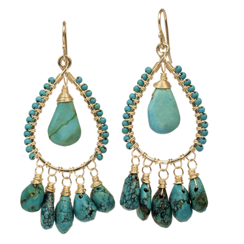Hammered Drop Hoops Wrapped with Turquoise