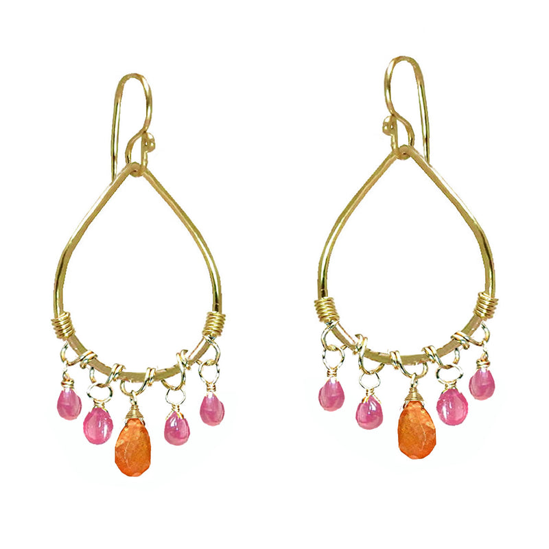 Hammered Drop Hoops with Pink Sapphire & Carnelian