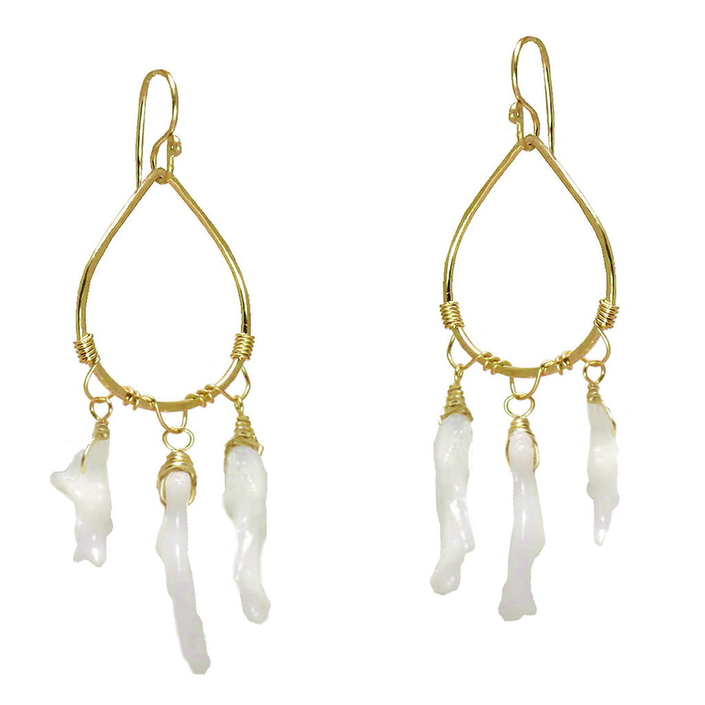 Hammered Drop Hoops with White Branch Coral
