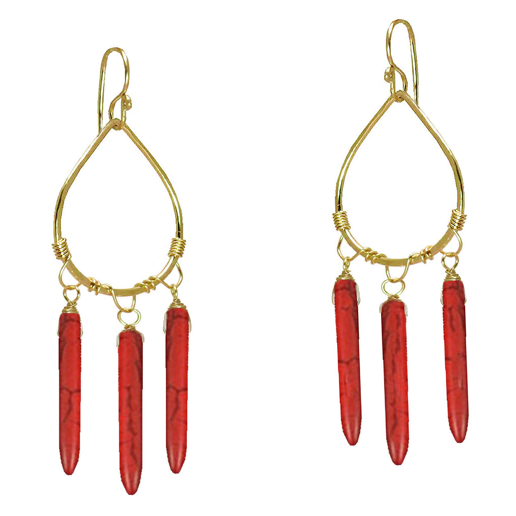 Hammered Drop Hoops with Red Magnesite